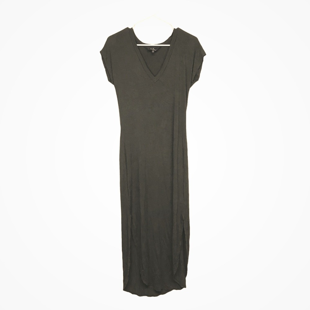 Lulus XS Olive Green V-Neck Maxi Dress Short Sleeve Side Slits Casual Jersey